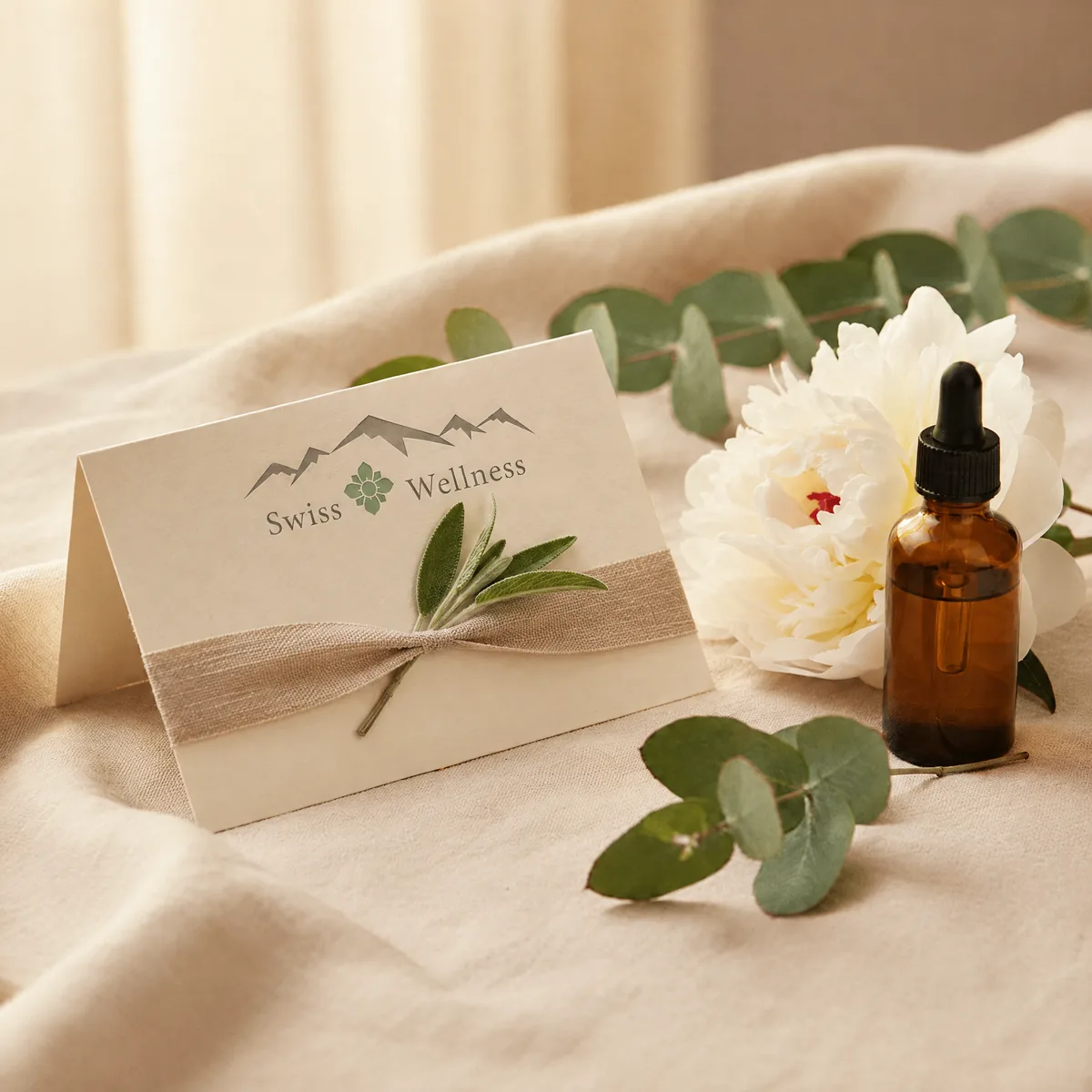 Swiss Wellness gift voucher card with eucalyptus and organic oil